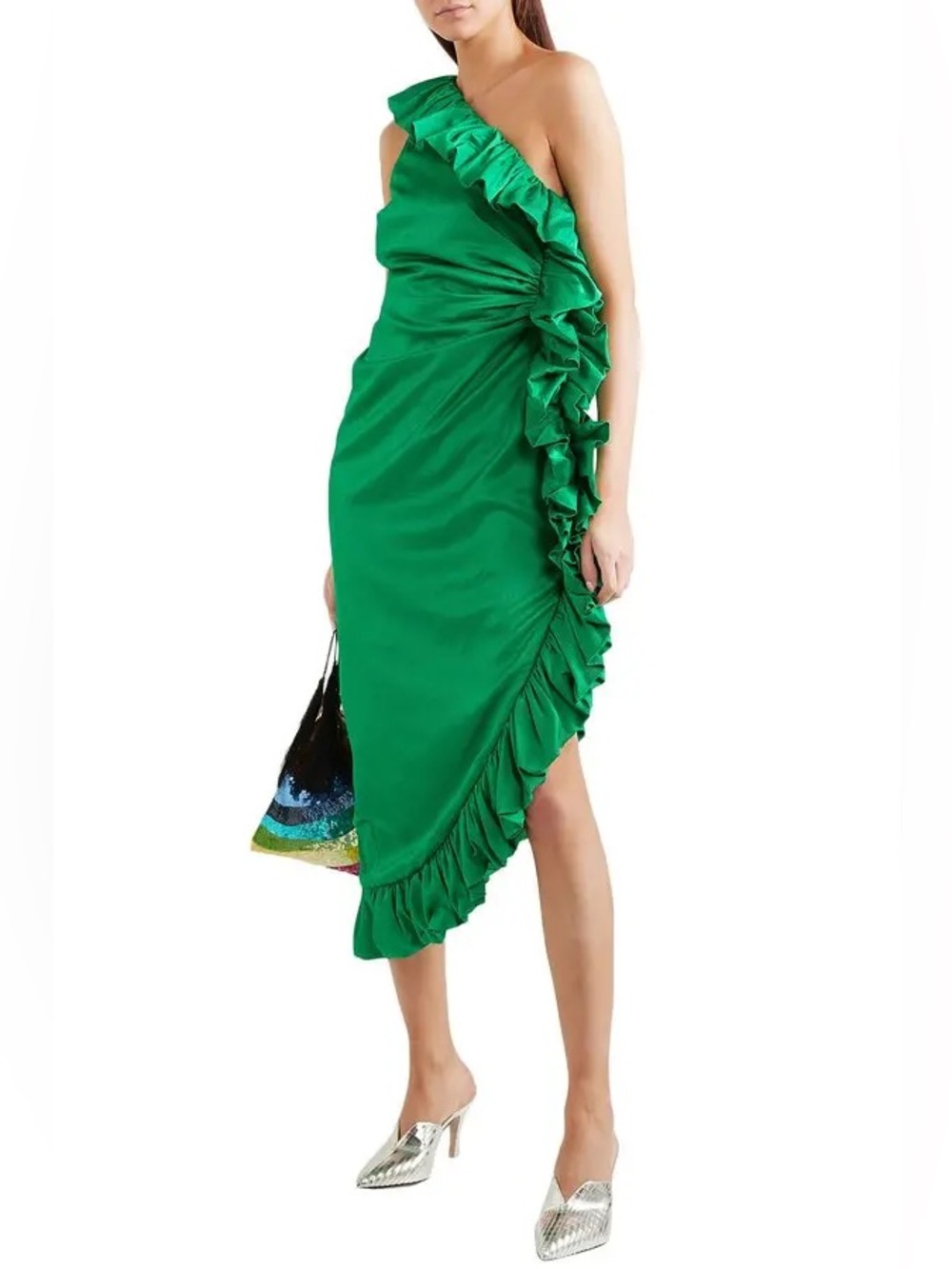 Attico green ruffle one shoulder dress